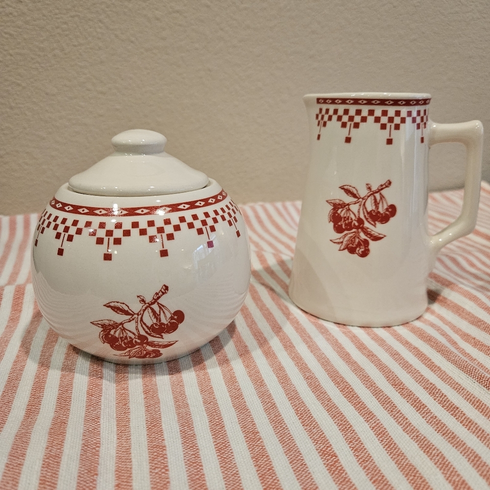 Le Comptoir de Famille Damier Red Cherries Vintage Creamer and Sugar Set